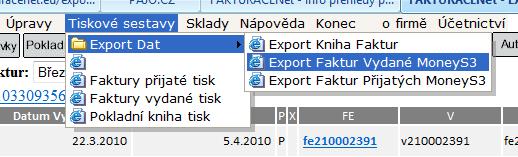 Vyb&igrave;r dat z FAKTURACENet pro export do Money S3, exportujeme vydan� a p&oslash;ijat� faktury 