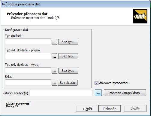 Z�kladn� nastaven� pro import dat XML, Kliknut�m na Vstupn� soubor najdete ulo�en� data XML v po&egrave;�ta&egrave;i
