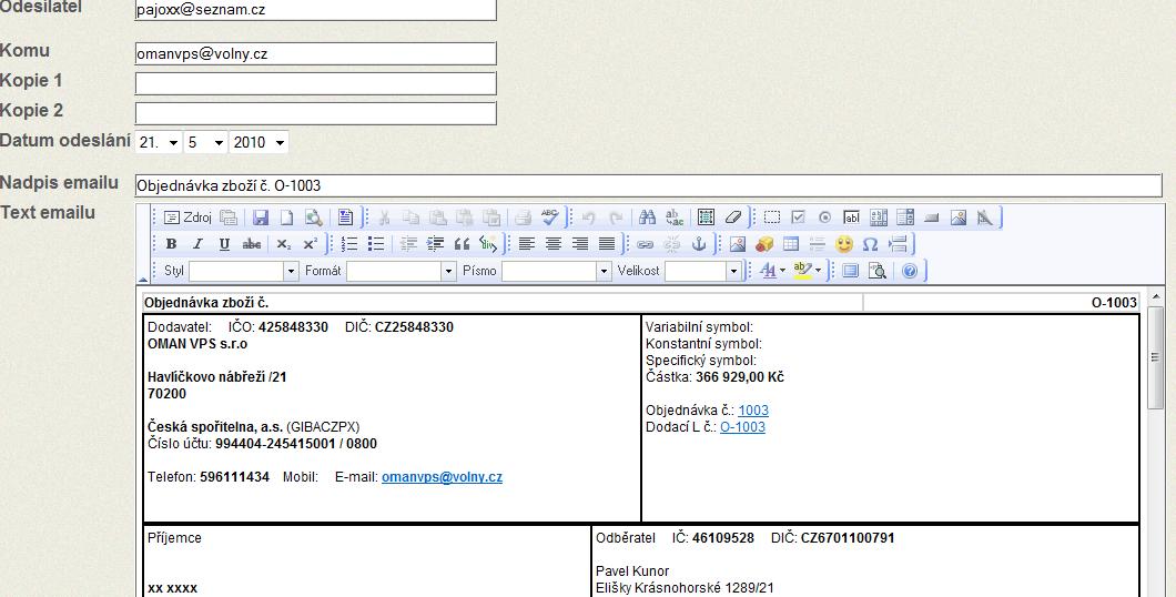 Vytvo�en� email k odesl�n� objedn�vky na dodavatele zbo��