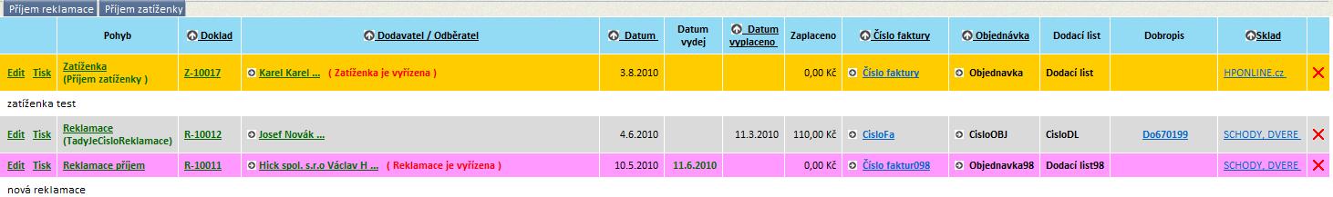 Seznam reklamac� a zat�enek, barevn� rozd�len�