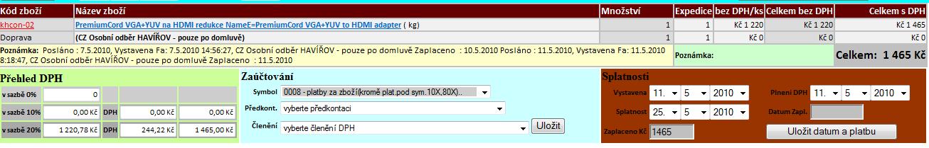 Stav zaplacen� vydan� faktury